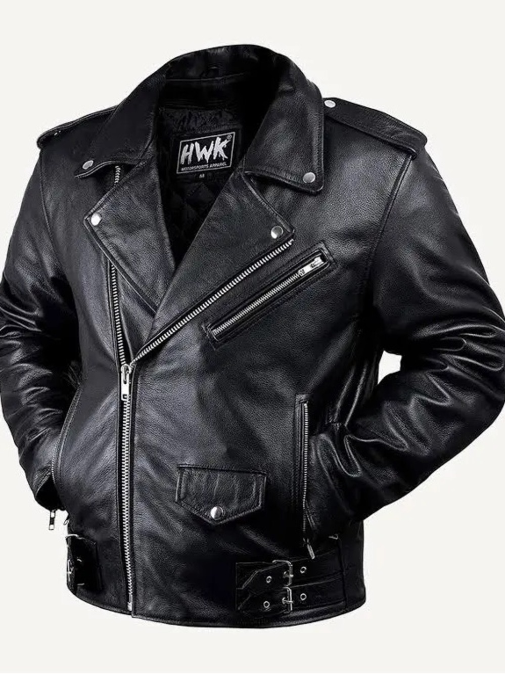 HWK Leather Motorcycle Jacket Genuine Buffalo Leather Size Large Black Biker Zip